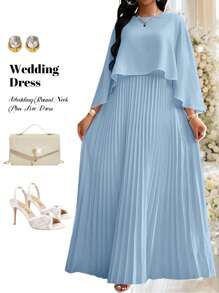 Fleurora Plus Size Solid Color Pleated Elegant Dress, Fashionable For Summer,Maxi Dress,Wedding Guest Dress Women Valentine's Day Outfit - Blue - View 1