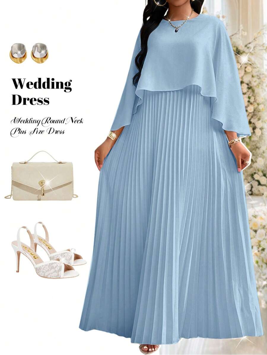 Fleurora Plus Size Solid Color Pleated Elegant Dress, Fashionable For Summer,Maxi Dress,Wedding Guest Dress Women Valentine's Day Outfit - Blue - View 1