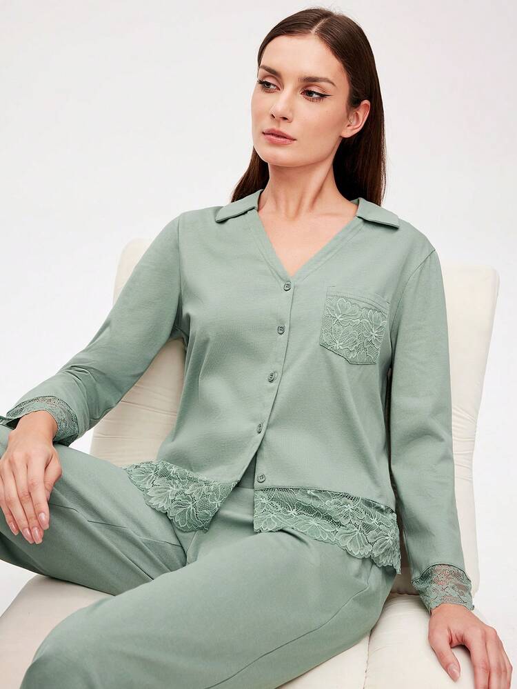 Ensemble de pyjama vert doux en 100% coton pur avec dentelle élégante, Top à boutons et pantalon avec poches. Ensemble de vêtements de détente pour femmes, lingerie, pyjamas d'automne, vêtements de printemps et d'été