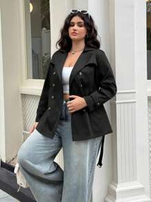 SHEIN EZwear Áo khoác dài tay ve rách màu trơn cỡ lớn cho nữ cỡ lớn, hai hàng khuy - màu đen - Xem 5