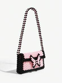 SHEIN ICON Ladies, Women Shoulder Bag, Hobo Bag, Black And Pink, Bead, Butterfly, Fashionable, Personalized, Simple, Versatile, Street, Sweet And Cool Girls, Hot Girls, Y2k, Retro, Rivets, Vintage, Teenagers, For Beach, Vacation, Holiday, Summer, Seaside, Beach Party, Date, Daily, Shopping, Afternoon Tea - Multicolor - View 3