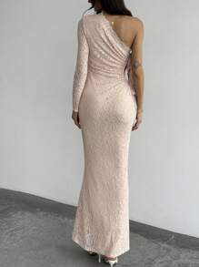 Aloruh Nuevo vestido romántico de manga larga con encaje, adornado con moño y hombro asimétrico sexy - Rosa - Ver 2