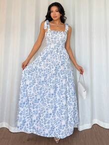Chiquease French Elegant Pleated Flounce Floral Print Long Dress, Sleeveless V-Neck Ruffled Dress, Summer New Ladies Light Blue Gown Blue And White Floral Dress Long Dress Summer Blue And White Dress Women Women Vacation Dress