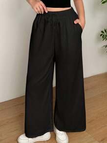 SHEIN Teen Girls' Solid Color Loose Casual Drawstring Wide Leg Pants,Kids - Black - View 3