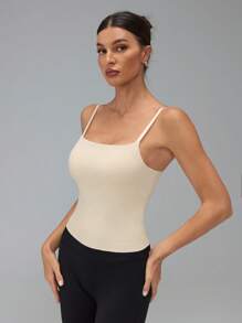 SHEIN Tall Women's Solid Color Simple Casual Camisole With Padded Bust - Beige - View 8