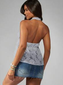 MISSGUIDED Textured Lace Halter Neck Tie Front Peplum Top Summer Boho Festival Sleeveless Vintage Delicate Evening Party Flattering Cut - Baby Blue - View 2