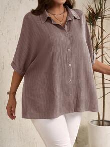 EMERY ROSE 大码女式纯色蝙蝠袖度假休闲衬衫 - 紅木色 - 查看 3