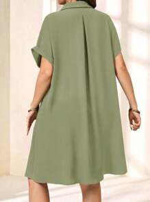 EMERY ROSE Plus Size Solid Color Collared Short Sleeve Casual Mini Dress, Minimalist Style,Summer Outfits For Women - Mint Green - View 2