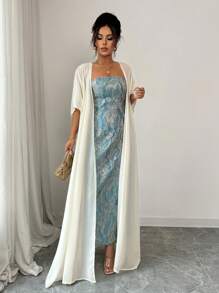 Elenzga 2025春夏奢华极简主义露肩蓝色连衣裙配白色披肩 - 彩色 - 查看 6