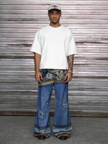 AXEPEAK Printed Patchwork Oversized V-Neck Short Sleeve T-Shirt, Multi Sizes For Men, Streetwear Fit - White - View 4