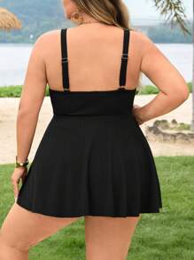 SHEIN CURVE+ Women's Plus Size Ribbed 2 Pieces Swimsuit, Vacation Halter Bikini Set For Summer - Black - View 2