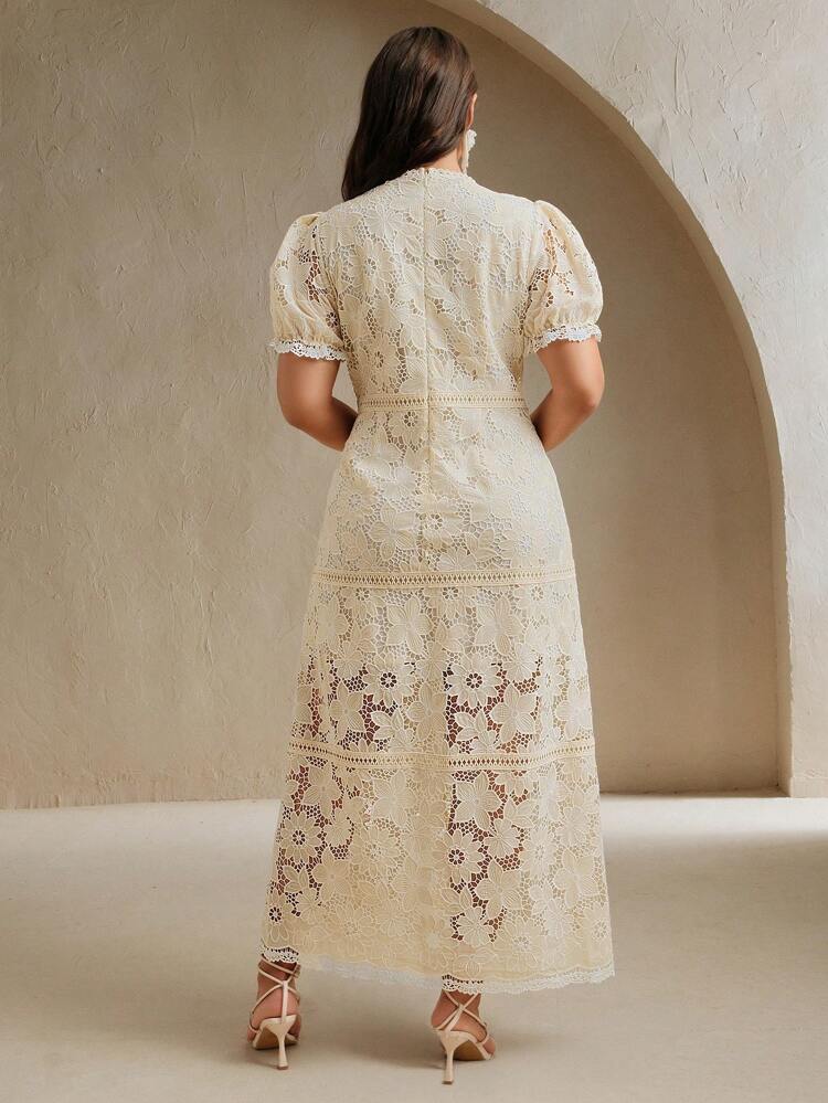 Elegant Plus Size Apricot Lace Midi Dress With Half Sleeves And Round Neckline