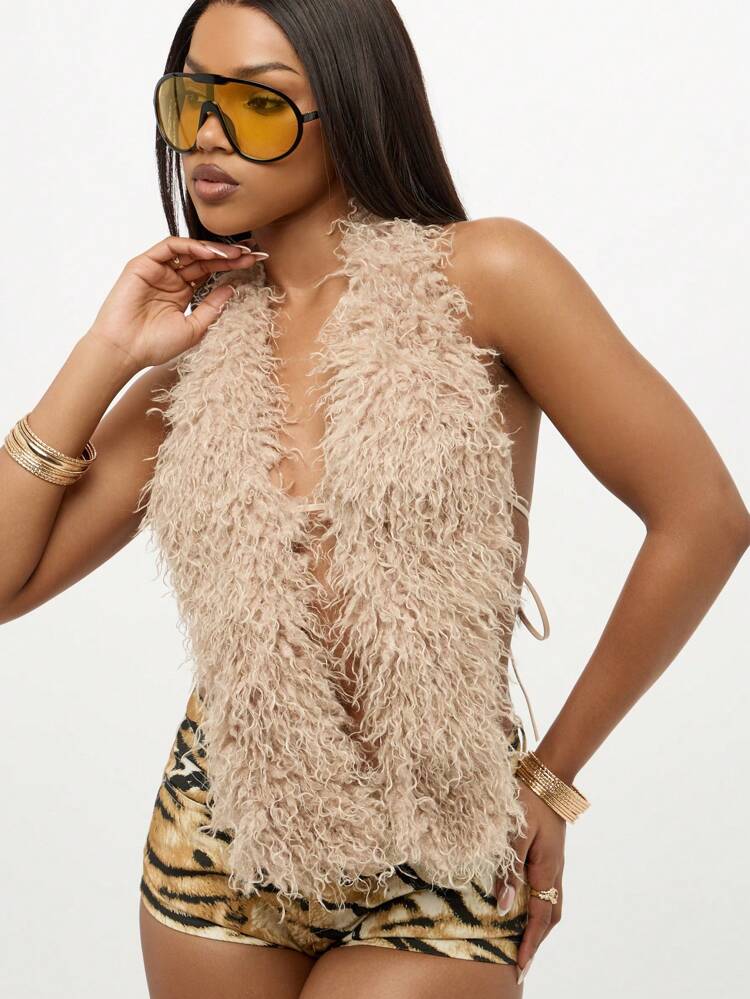 SUMWON WOMEN Faux Fur Halter Neck Crop Top Backless Design