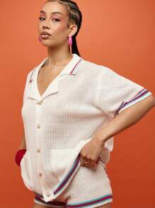 SUMWON WOMEN Varsity Style Crochet Button Down Cardigan Summer Beach Cover Up Retro College Sweater Knit Top - White - View 4