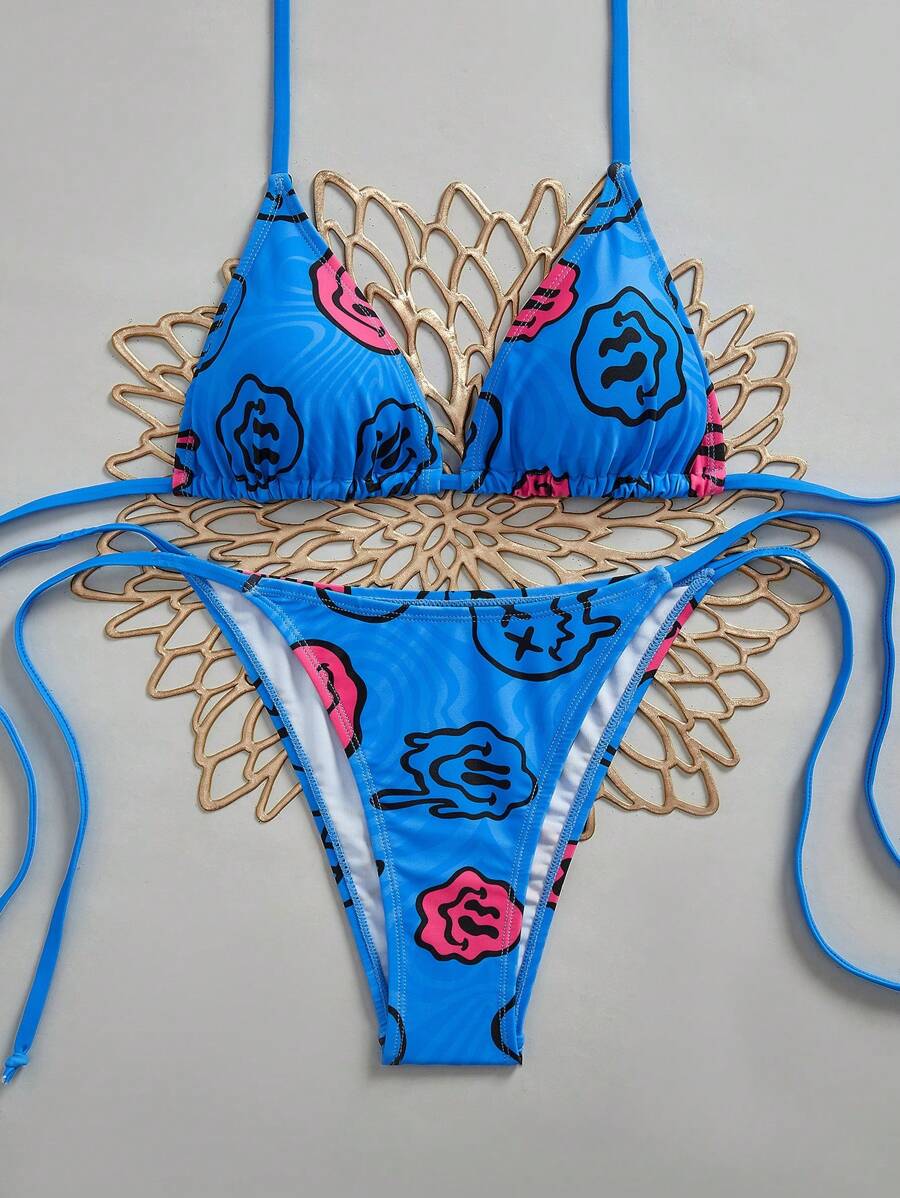 Swim EVENT 女士卡通印花露背系带性感比基尼套装，夏日海滩 - 彩色 - 查看 1