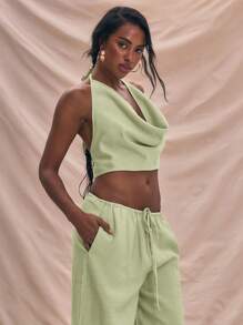 MUSERA Extreme Halter Neck Draped Strappy Linen Top Summer Holiday Vacation Cute Only Sexy Boho Ibiza Fall Carnival Festival Spring - Lime Green - View 2