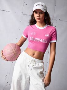 Streetz SHEIN Sport Áo thun tập luyện cổ tròn tay ngắn in chữ cho nữ - Hồng - Xem 4