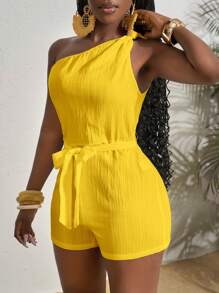 SHEIN PETITE CURVE 女式加大码无袖纯色休闲连体裤 - 黃色 - 查看 5