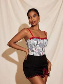 NAJILARAQUELDESIGNS Newspaper Printed Knit Jersey Lace Neck Cami Top Women Summer Casual Street Wear Newspaper Print Corset - Multicolor - View 6