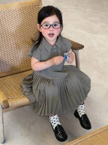 Dazy Kids 女童常规领纯色褶皱中长短袖连衣裙 - 灰色 - 查看 2