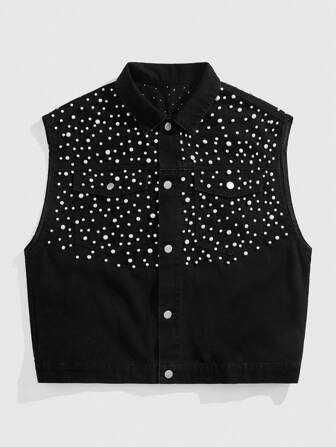 ROMWE Avant Chaleco vaquero de una sola hilera con perlas falsas negras para hombre