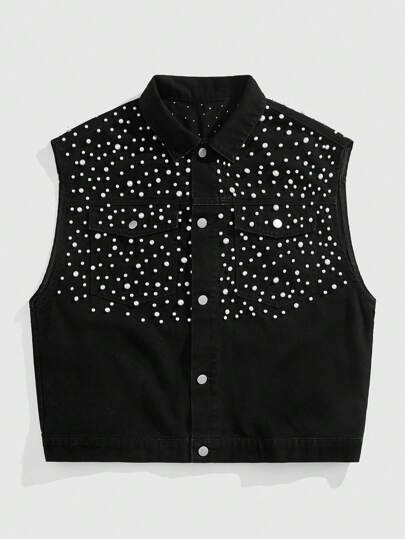 ROMWE Avant Chaleco vaquero de una sola hilera con perlas falsas negras para hombre