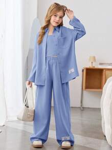 SHEIN Leap Crew 青少年女孩休闲宽松衬衫、吊带背心和阔腿裤套装 - 霧霾藍 - 查看 5