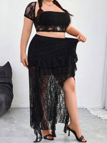 SHEIN CURVE+ Plus Size Black Lace Skirt, Minimalist & Fashionable, Bohemia Suitable For Summer Festival Raves/Concert Women Gyaru Y2k Skirt Suitable For Summer/Wedding Guest Skirt - Black - View 3