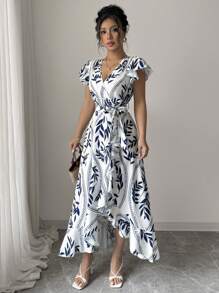 Selianne 新款女式 V 领编织蝴蝶印花收腰前褶饰不对称下摆优雅修身喇叭裙 - 彩色 - 查看 1