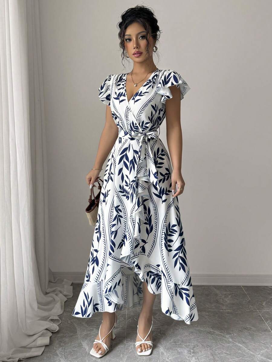 Selianne 新款女式 V 领编织蝴蝶印花收腰前褶饰不对称下摆优雅修身喇叭裙 - 彩色 - 查看 1