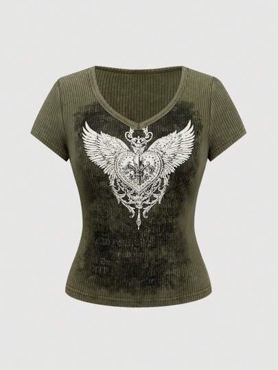 Grunge Punk Women's Punk Loose Rhinestone Studded Wing & Snowflake Pattern Fitted T-Shirt