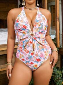 Swim Vcay Lavender,Summer,Boho,Beach,Wedding Guest,Holiday Plus Size Women Ditsy Floral Hollow Circle Adjustable Spaghetti Strap Open Back High Cut Swimsuit - Multicolor - View 3