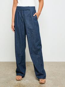 AiiRZ Pinstripe Wide Leg Palazzo Pants High Waist Linen Feel Office Work Professional Bottoms Classic Business Casual Trousers - Blue - View 1