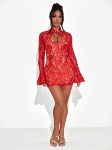 SHEIN SXY Winter Red Party Dress New Year's Eve Lace Sexy Dress New Year's Dress, Chinese Style New Year's Dress. - Red - View 3