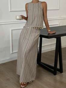 Livesso 夏季新款海滩度假装，条纹流苏波西米亚风格两件套女士