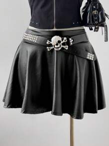 Sweetra Women's Plus Size High Waisted Pu Leather Pleated Knee-length Skirt - Black - View 4