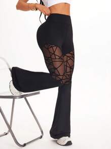 SHEIN Sports Solid Color High Waisted Flared Leg Sports Pants With Mesh Patchwork - Black - View 5