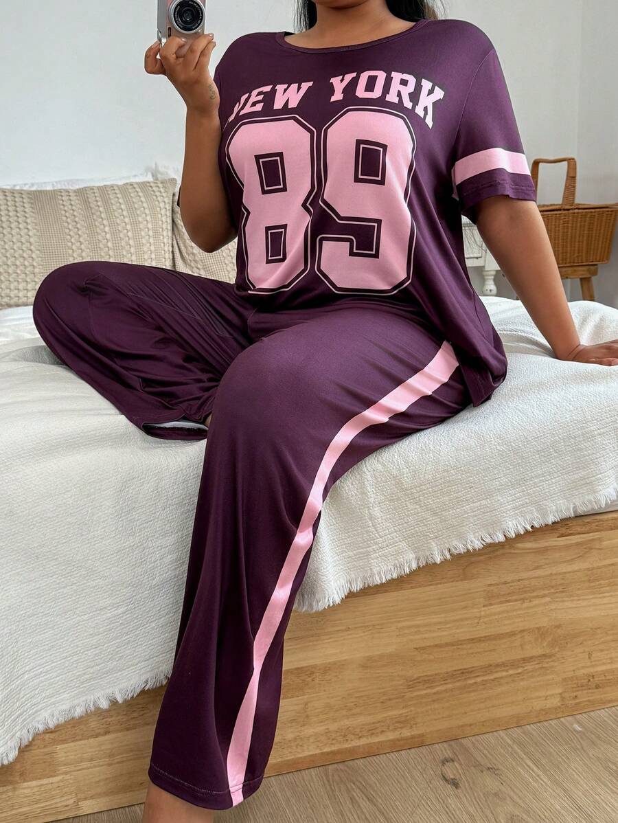 Conjunto de pijama de talla grande con estampado de letras y números, top y pantalones casuales - Morado - Ver 1