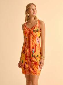 CAJUNI 女式彩色波西米亚风植物与鹦鹉印花度假休闲沙滩短裙，夏季