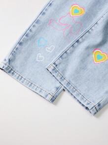 Quần jean denim cho bé gái, kiểu dáng thường ngày, thiết kế cá tính, họa tiết bướm và trái tim dễ thương, cạp trung, dáng rộng, ống thẳng, màu xanh dương, phong cách đường phố. - Rửa nhẹ - Xem 6