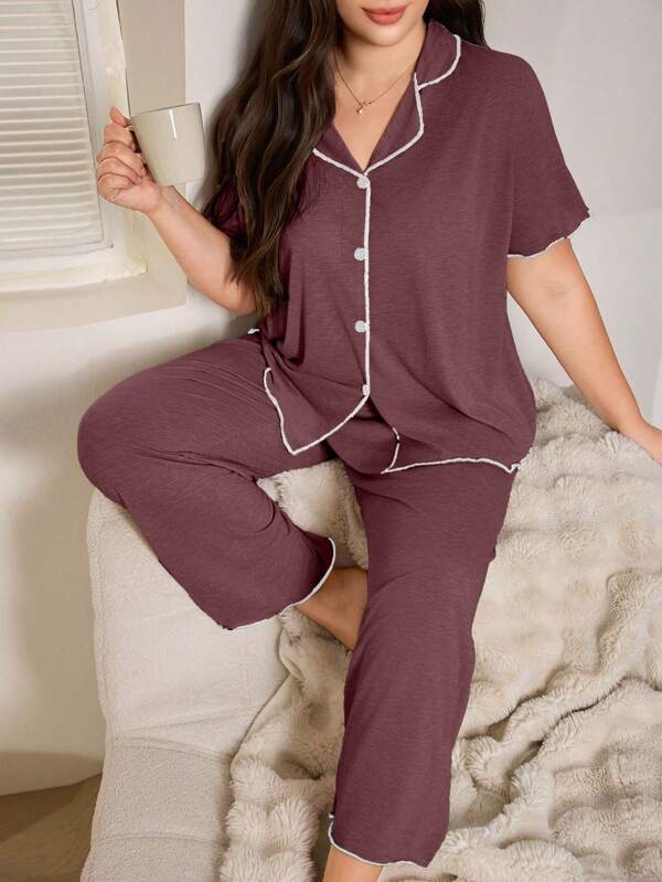 SHEIN Casual Loose Ruffle Trim Soft Relaxed Short Sleeve Top And Pants Set, Lightweight Summer Knit Fabric, Plus Size