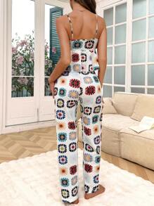 SHEIN Hibiscus Print Ruffle Hem Casual Camisole Top And Long Pants Set - White - View 2