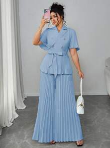 SHEIN Elenzya 大码女式优雅法式简约褶皱短袖背心和裙子两件套，夏季 - 淺藍色 - 查看 1