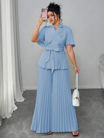Elenzga Plus Size Women Elegant French Minimalist Pleated Short Sleeve Tank Top & Skirt 2pcs Set, Summer