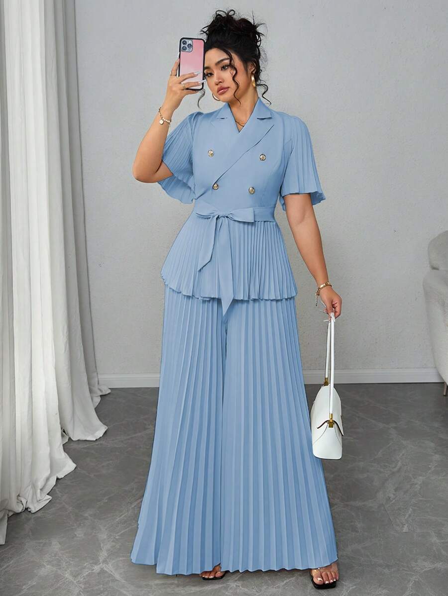 SHEIN Elenzya 大码女式优雅法式简约褶皱短袖背心和裙子两件套，夏季 - 淺藍色 - 查看 1