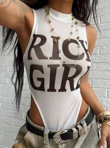 StreetHx 女式朋克摇滚女孩字母印花性感透明网眼无袖紧身衣 - 白色 - 查看 6