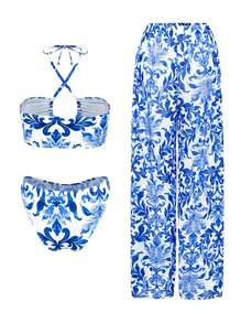 Swim Vcay 女士夏季度假休闲沙滩装印花系带吊带三件套比基尼套装比基尼套装 - 藍白色 - 查看 6