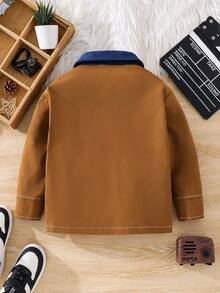 SHEIN 1 件儿童休闲学院风百搭风格撞色拉链长袖夹克外套，适合男童，适合通勤、学校、日常休闲、学院、幼儿园、生日派对、婚礼、洗礼、返校、校服、秋冬 - 彩色 - 查看 4