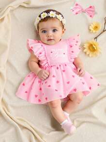 SHEIN Mother's Day "I Love Mom" Party Outfit, Baby Girls' Sweet Heart Mesh Letter Print Pink Bodysuit With Matching Headband, Suitable For Holidays & Outings - Pink - View 1