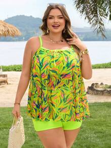 SHEIN CURVE+ Women's Plus Size Floral Mesh Two Pieces Swimsuit With Tank Top Bikini, For Summer Vacation
